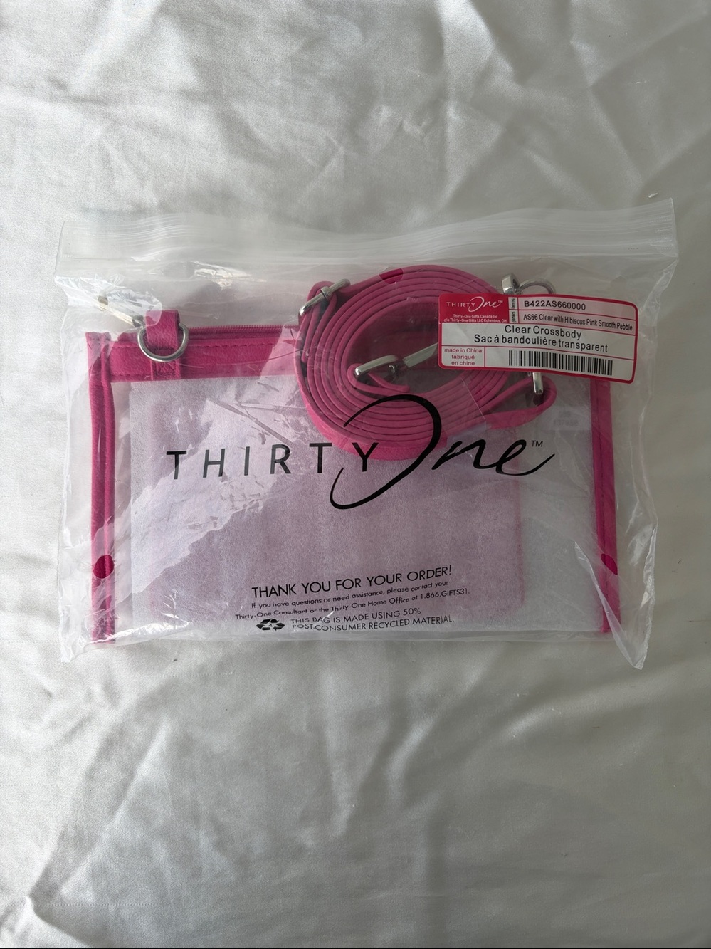 NEW Thirty One Hibiscus Pink Clear Crossbody Bag and Zipper Pouch